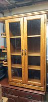 Front view of oak cabinet showing glass double doors and metal handles