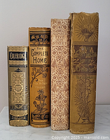 Four antique books standing showing spines and decorative bindings