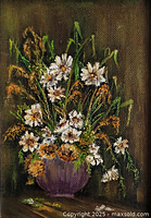 Close view of oil painting showing flowers and brushwork