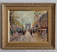Full view of framed oil painting showing composition and frame