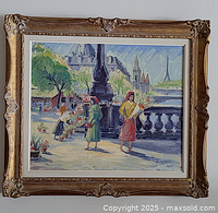 Full view of framed oil painting showing Paris street scene