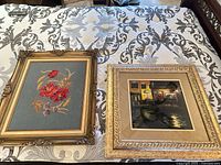 Overall view of both framed artworks on patterned surface