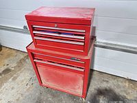 Front view of stacked red Waterloo tool chest and cabinet