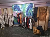 overview of lot showing two room dividers, tie-dye tapestry, clothes on rack