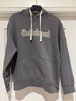 Front view of grey hoodie with stitched logo
