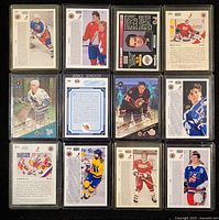 Nine card fronts and backs laid out in plastic sleeves