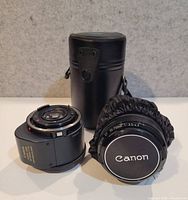Front/side view of both Canon lenses and leather case