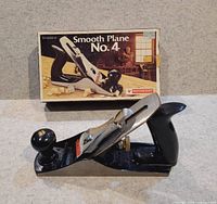 Mastercraft No. 4 smooth plane displayed in front of original box