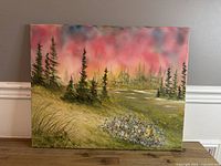 Full view of signed oil landscape painting on canvas