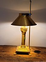 Front view of brass table lamp illuminated