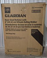 Sealed retail box showing Medline Guardian Basic Steel Rollator details, 8-inch wheels, red