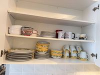 Overview of two shelves showing plates, bowls, mugs and gratin dishes