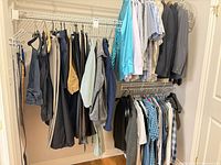 Overview of hanging jackets, pants and shirts
