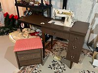 Sewing cabinet, stool, machine overview
