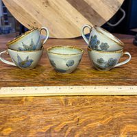 Five cups side by side showing exterior designs, size reference with ruler