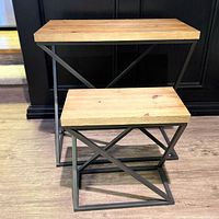 Top and side view of rectangular pine wood piece with metal frame