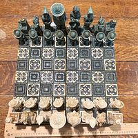 Overhead view of full set with pieces arranged on board