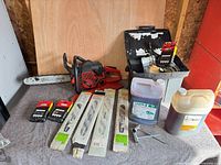 Overall lot layout showing chainsaw, guide bars, chain oil, toolbox and accessories