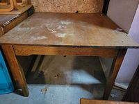 Wooden work table, square top, open underside