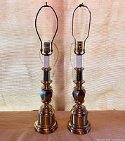 Full view of both Stiffel brass table lamps with harps