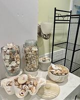 Overview of bowls, jars, vase on two pedestals, clam shell, marble bowl and wire shelving