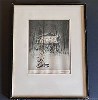 Full view of framed drypoint print with mat and frame