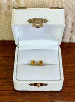 Earrings in white presentation box, lid open