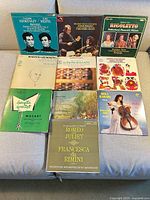 All nine album fronts laid out on sofa, showing titles, composers, performers and label logos