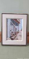 Framed egg tempera painting showing wooden stairs scene
