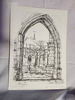 Full view of etching showing Gothic archway scene, signature visible