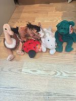 All five Ty Beanie Babies arranged on wood floor