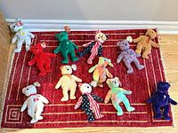 Group shot showing all 12 Beanie Baby bears arranged on a red rug