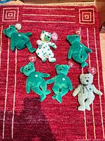 Group shot of all seven bears on red rug