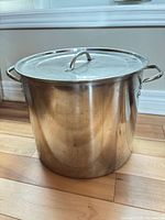 Exterior view of stainless stock pot with lid attached