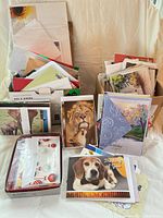 Overview of assorted greeting cards standing and lying, envelopes visible