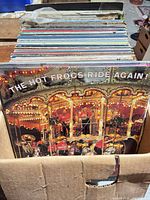 Box of upright LPs, front record The Hot Frogs Ride Again visible