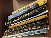 Stacked view of books’ spines on shelf