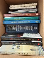 Stack showing spiral notebook, Raincoast Chronicles volumes, British Columbia: A Natural History, dictionary, Canada: A People’s History set and The Great Lakes