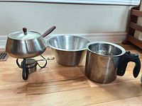 Fondue pot on stand, mixing bowl, kettle insert grouped