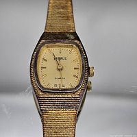 Front view of Lenrus watch showing dial, case and mesh bracelet