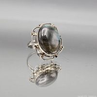 Front view of sterling silver ring with oval labradorite cabochon