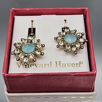 Earrings in original Vineyard Haven box, frontal view displaying design and stones