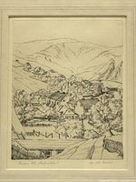 close view of etching image showing Brigus townscape