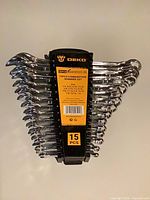 Front view of Deko spanner set in rack showing all 15 wrenches