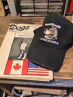 Hat and magazine together; magazine cover shows dog and flags