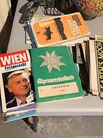 Overview of stack showing Wien guide, Dachstein Alpine Club map, Canadian Canoe Routes booklet