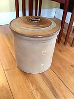 Full view of crock with lid on, showing exterior color and size