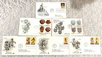 Front view of six Native American themed first-day covers showing cachets and stamps