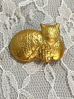 front of gold tone cat brooch on lace background