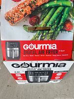 Retail box showing Gourmia Digital 8-Quart Air Fryer with features list